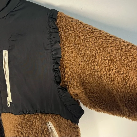 Sandy Liang Mia Fleece Teddy Cropped Jacket in Black & Brown Size Small